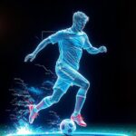 Jugador de fútbol pateando una pelota de comida con luz de neón Jugador de acción _ Imagen Premium generada con IA