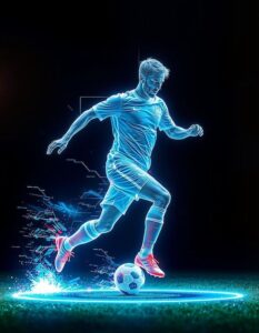 Jugador de fútbol pateando una pelota de comida con luz de neón Jugador de acción _ Imagen Premium generada con IA