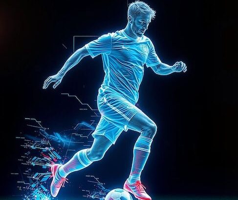 Jugador de fútbol pateando una pelota de comida con luz de neón Jugador de acción _ Imagen Premium generada con IA